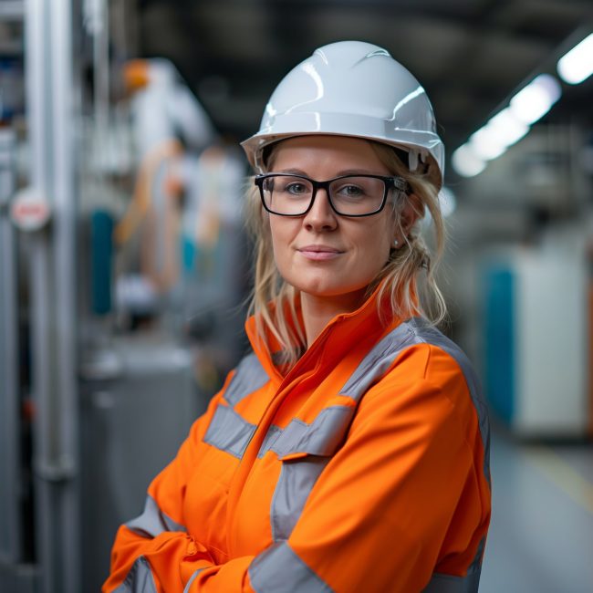 Confident Female Engineer in Safety Gear Posing in an Industrial Factory Setting